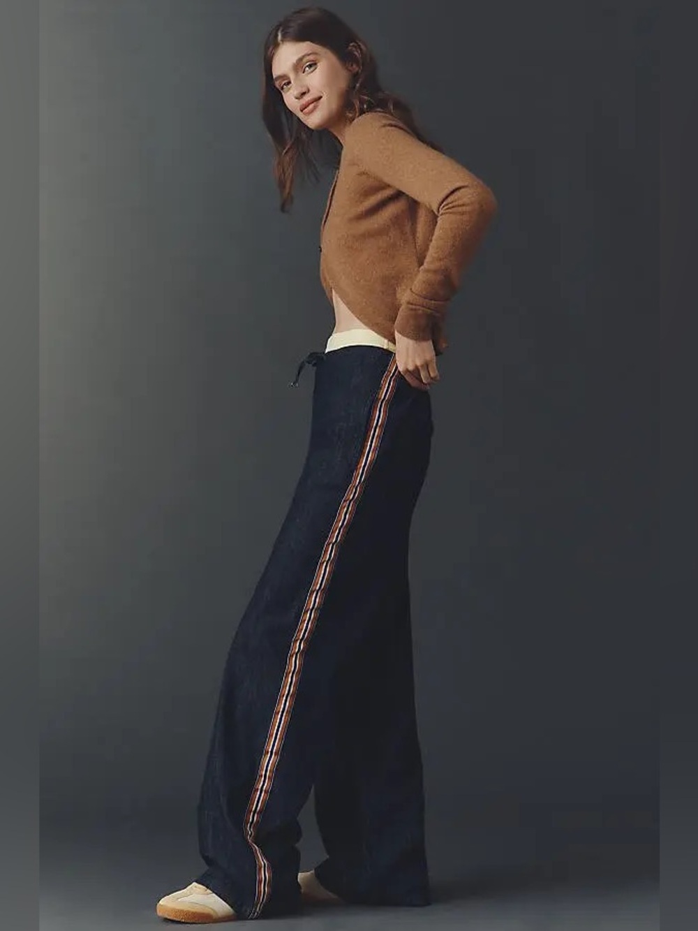 Anthropologie Maeve High-Rise Wide-Leg Track Pants Dark Denim Side Stripe Small